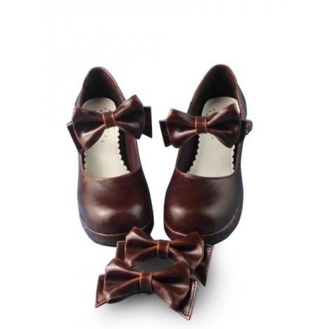 Coffee Color Mirror Face Concise Bowknot Lolita High Heel Shoes