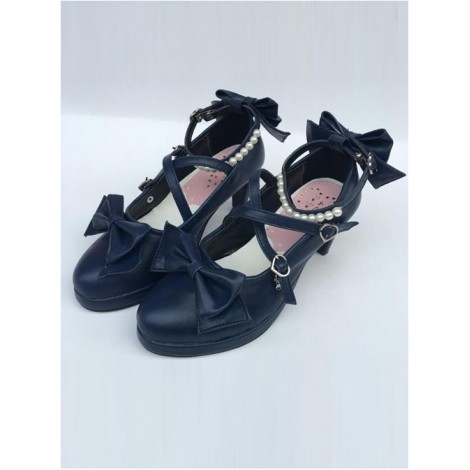 Pearl Strand Navy Blue Bowknot Matte Lolita High Heel Shoes