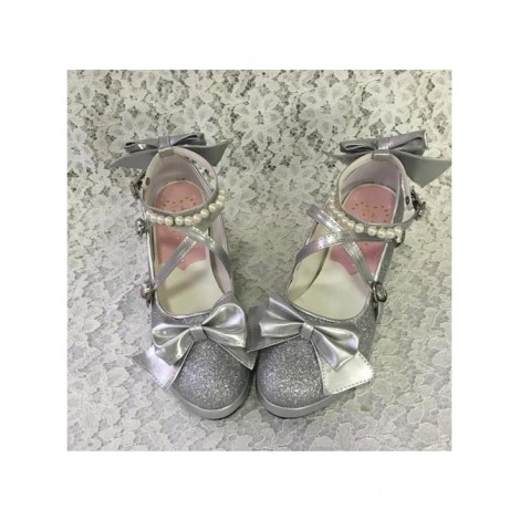 Pearl Strand Silver Flash Bowknot Matte Lolita High Heel Shoes