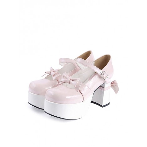 Pink & White 3.7" High Heel Adorable Synthetic Leather Round Toe Strap Bow Decoration Platform Girls Lolita Shoes