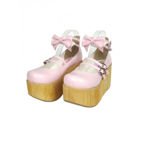 Pink 3.7" Heel High Stylish Patent Leather Round Toe Bow Decoration Platform Lady Lolita Shoes