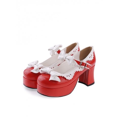 Red & White 3" High Heel Sexy Patent Leather Round Toe Strap Bow Platform Girls Lolita Shoes