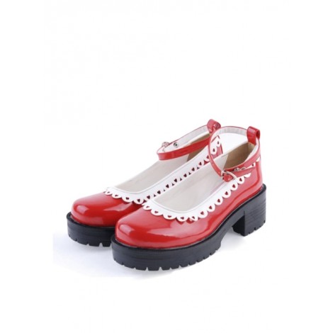 Red 2.2" High Heel Gorgeous Polyurethane Round Toe Ankle Straps Platform Girls Lolita Shoes