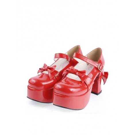 Red 3.7" High Heel Cute PU Round Toe Strap Bowknot Platform Girls Lolita Shoes