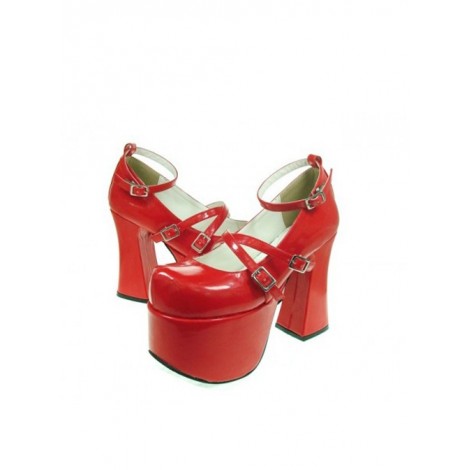 Red 4.9" Heel High Romatic PU Round Toe Scalloped Platform Girls Lolita Shoes