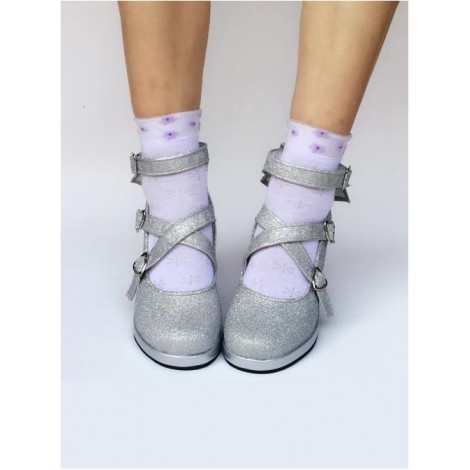 Silver Tiny Flicker Cross Bandage High Heel Bowknot Lolita Princess Shoes