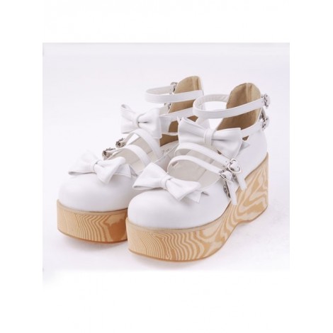 White 2.7" Heel High Adorable Patent Leather Round Toe Bow Decoration Platform Lady Lolita Shoes