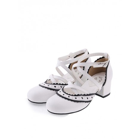 White & Black 2.6" High Heel Gorgeous Patent Leather Round Toe Criss Cross Straps Scalloped Platform Girls Lolita Shoes