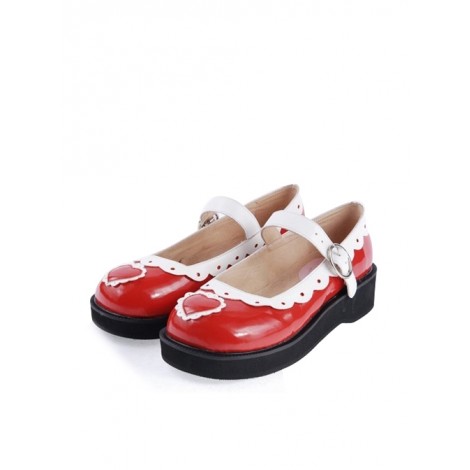 White & Red 1.2" High Heel Adorable Patent Leather Round Toe Strap Heart Decoration Platform Girls Lolita Shoes