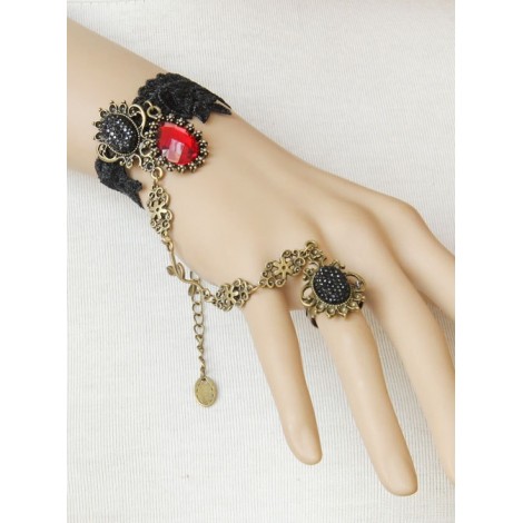 Black Lace Palace Style Gothic Lolita Wrist Strap And Ring Set