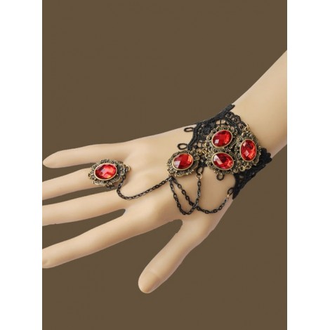 Black Lace Red Gems Lolita Wrist Strap And Ring