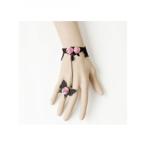 Charming Black Butterfly Pink Floral Lady Lolita Bracelet And Ring Set