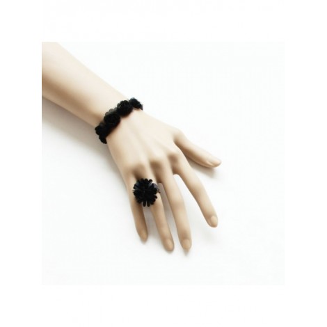 Concise Black Floral Lolita Bracelet And Ring Set