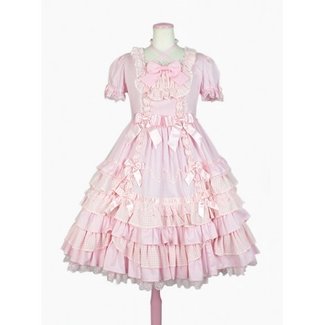 Cute Bowknot Short Sleeves Pompon Sweet Lolita Dress