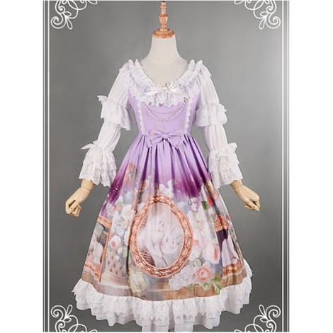 Purple Adorable Round Collar Detachable Sleeves Oil Painting Printed Lolita Dress