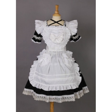 Short Sleeves Lace Trim Cute Cotton Cosplay Maid Costume