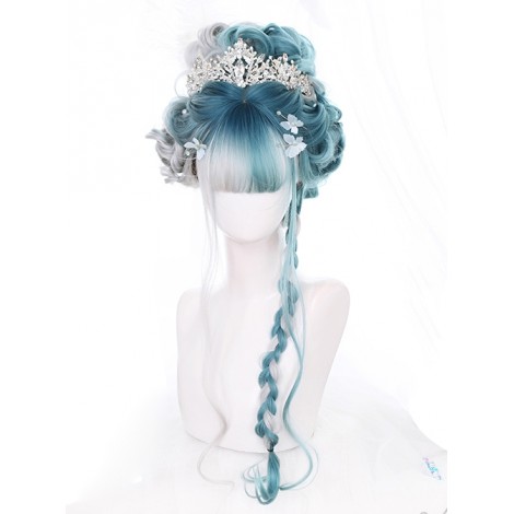 Mint Color And Gray Natural Gradient Long Curly Hair Classic Lolita Wigs