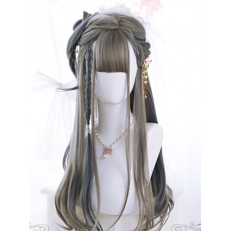 Linen Gray Highlight Gray-blue Hair-tail Micro Curly Long Hair Classic Lolita Wigs