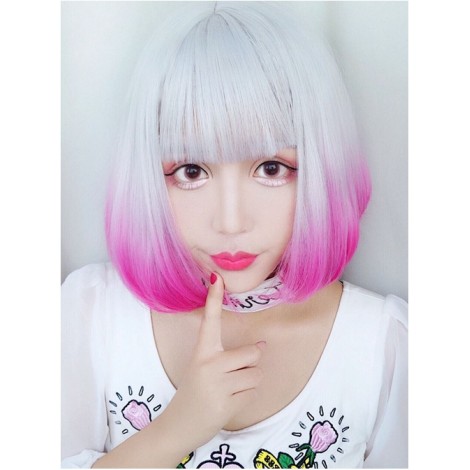 Rinka Haircut Short Curly Hair Silver Pink Gradient Lolita Wig