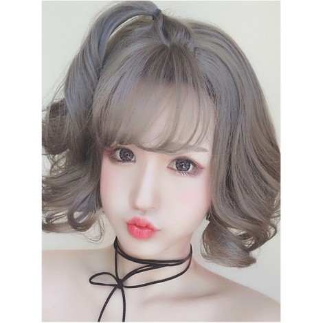 Granny Grey Small Waves Repair Face Short Curly Hair Harajuku Style Lolita Wig