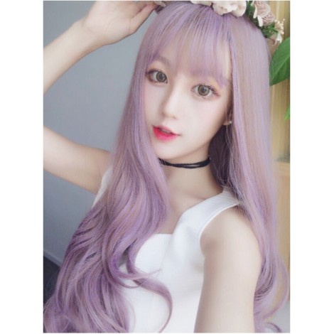 Air Bangs Long Taro Purple Curly Hair Lolita Wig