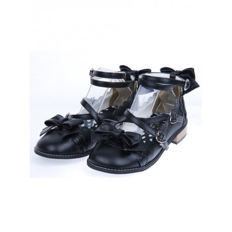 Black Flat Heel Cute Synthetic Leather Point Toe Bowknot Platform Girls Lolita Shoes