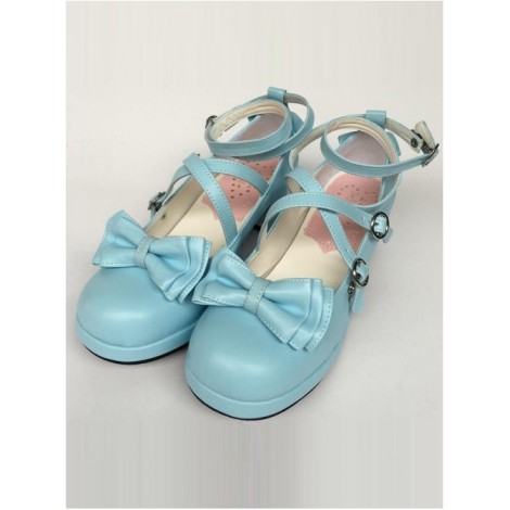 Bowknot Circular Buckle Lake Blue Matte Lolita Low Heel Shoes