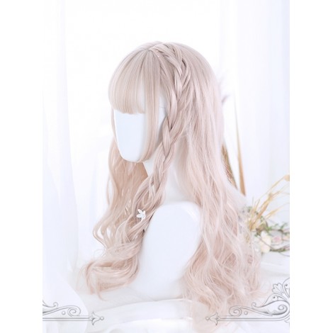 Air-bangs Hime Cut Light Pink Long Curly Hair Lolita Wig