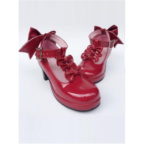 Wine Red Bowknot T-shaped Belt Sweet Lolita High Heel Shoes