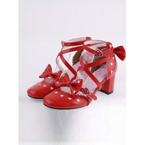 Red 2.5" Heel High Classic Synthetic Leather Point Toe Cross Straps Platform Women Lolita Shoes