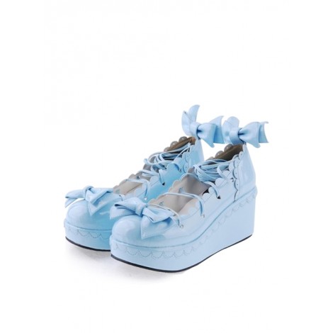 Sky-blue 2.8" High Heel Lovely Polyurethane Scalloped Bowknot Platform Girls Lolita Shoes