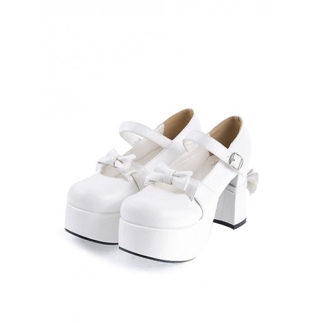 White 3.7" High Heel Adorable Patent Leather Round Toe Strap Bowknot Platform Girls Lolita Shoes