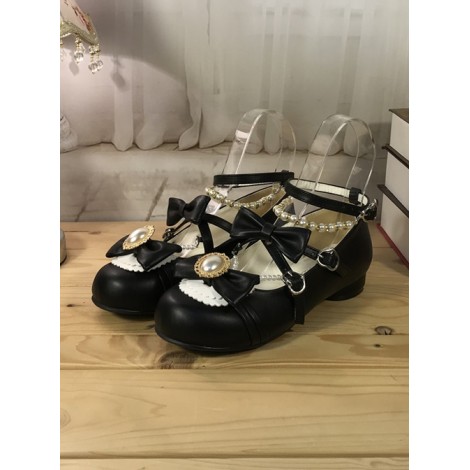 Black Bowknot Bead Chain Lolita Low Heel Shoes