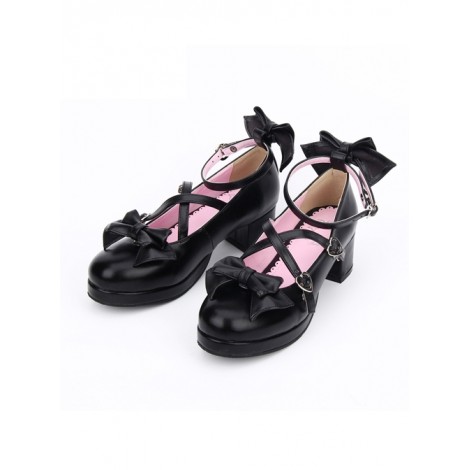 Black Cross Buckle Princess Bowknot Lolita Mid Heel Shoes