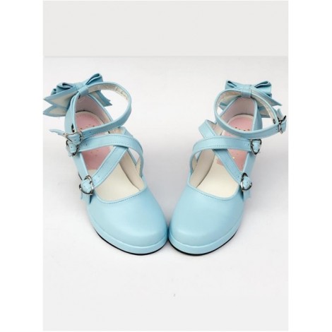 Blue Matt Cross Bandage High Heel Bowknot Lolita Princess Shoes