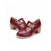 Retro Wine Red Double Buckles Lolita Mid Heel Shoes