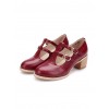 Retro Wine Red Double Buckles Lolita Mid Heel Shoes