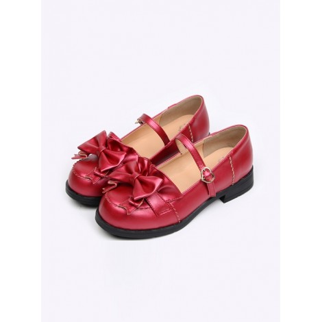 Wine Red Leather Bowknot Lolita Flat Shoes