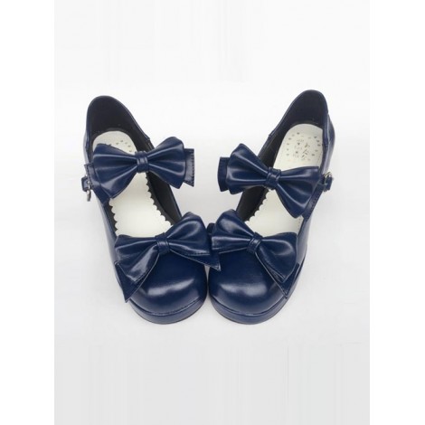 Navy Blue Matte Concise Bowknot Lolita High Heel Shoes