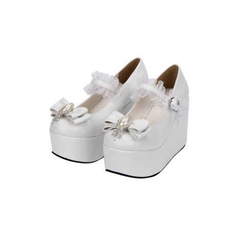 White Elegant Bride Bowknot Ornament Classic Lolita High Heel Shoes