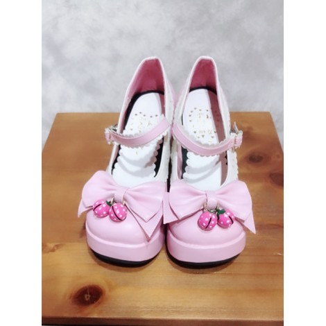 Pink And White Bowknot Small Bells Lolita High Heel Shoes