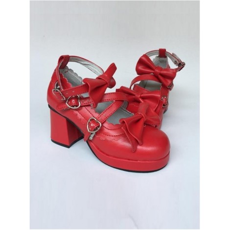 Red Matte Bowknot Lolita High Heel Shoes