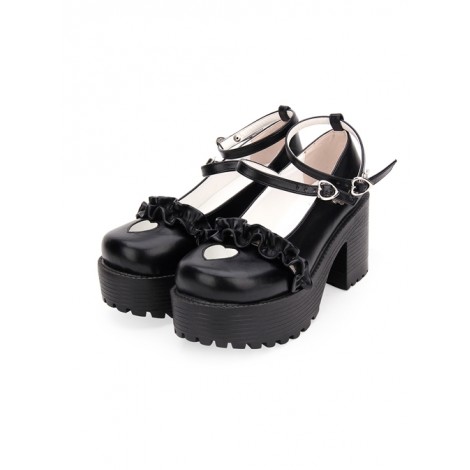 Round-toe Hollow Out Heart-shape Ruffle School Lolita High Heels Shoes