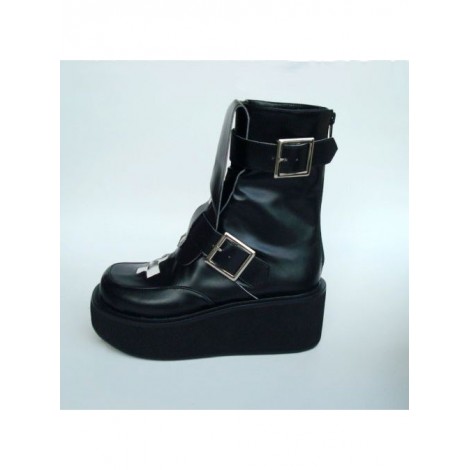 Black 2.8" Heel High Elegant Patent Leather Round Toe Stud Buckles Platform Girls Lolita Boots