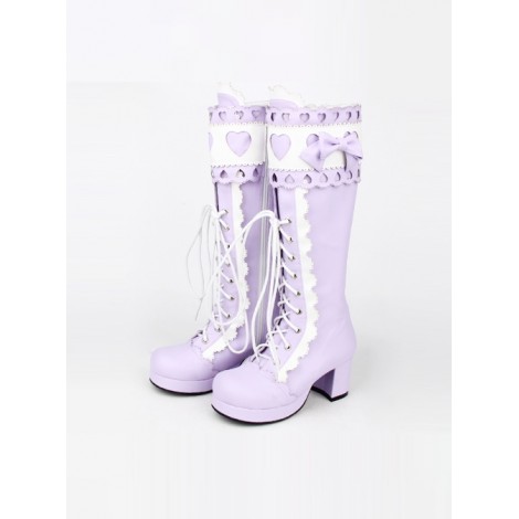 Sweet Lace Bowknot Heart-shaped Round-toe Lolita High Boots