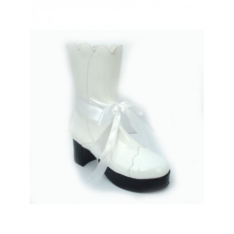 White 3.0" Heel High Cute PU Round Toe Bow Platform Lolita Short Boots