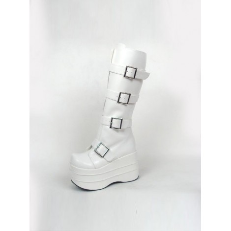 White 3.9" Heel High Charming Synthetic Leather Round Toe Stud Buckles Platform Girls Lolita Boots