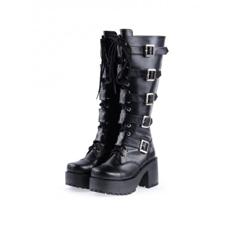 Black PU Straps Buckles Punk Rock Women's Gothic Lolita High Heel Boots