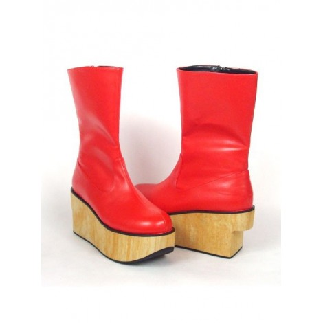 Red 2.0" Heel High Cute PU Round Toe Cross Straps Platform Girls Lolita Boots