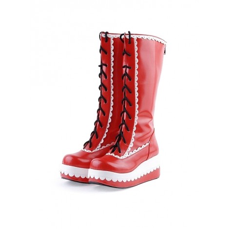 Red and White 2.8" Stylish PU Round Toe Sweet Girls Lolita Boots